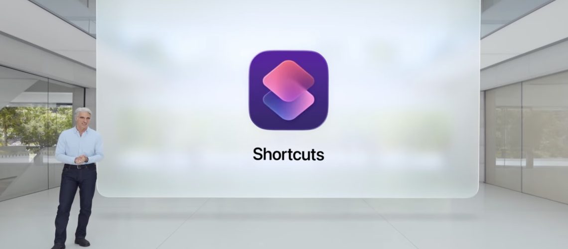 Craig Federighi stands in front of the Shortcuts app icon