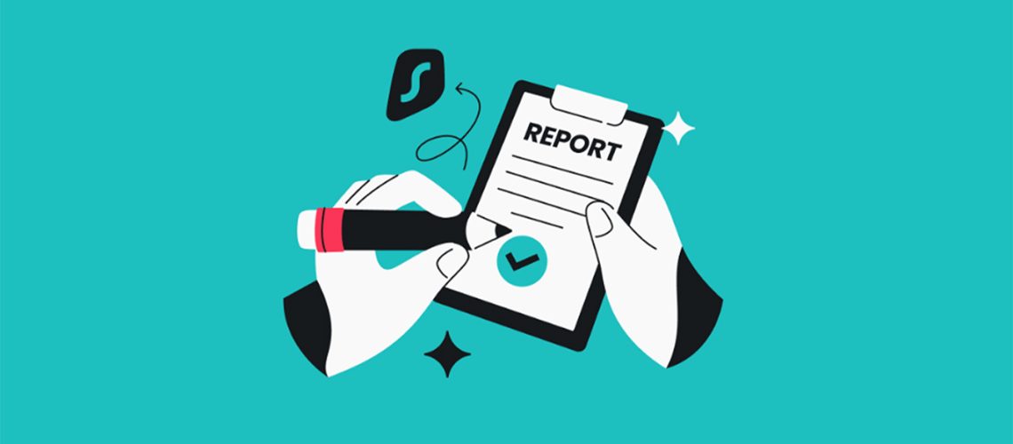 Surfshark graphic of hands holding a pencil and report card. The Surfshark logo can also be seen, as well as a blue background