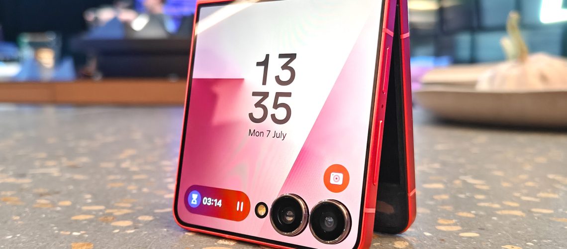 Samsung Galaxy Z Flip 7 partly opened in tent mode