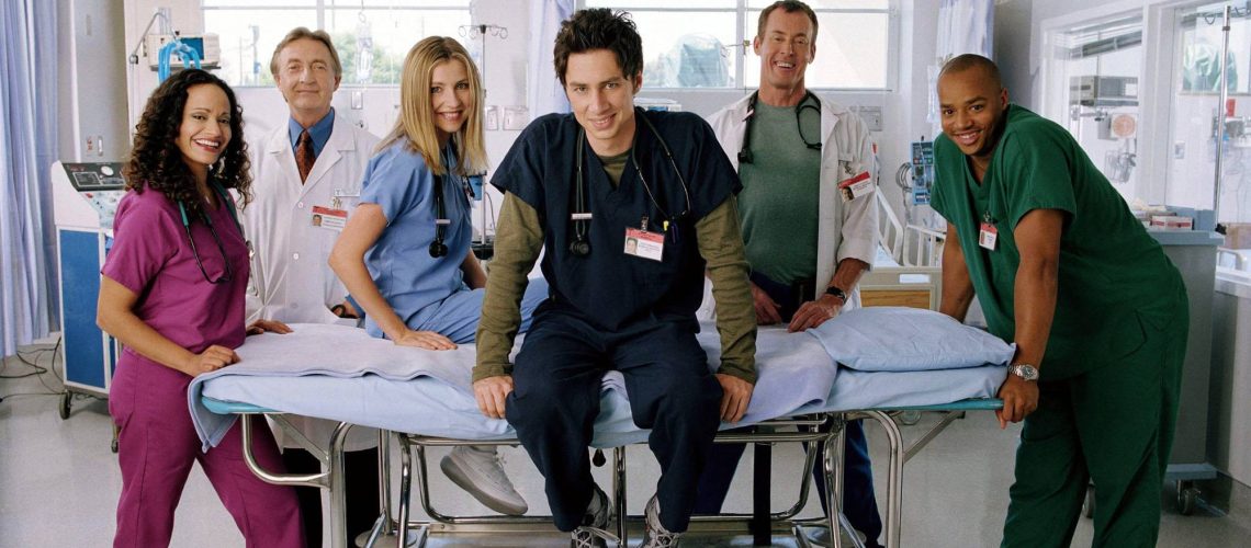 Scrubs cast members [L-R] JUDY REYES as Nurse Carla Espinosa, KEN JENKINS as Dr.Bob Kelso, SARAH CHALKE as Dr. Elliot Reid, ZACH BRAFF as Dr. J.D. Dorian, JOHN C. MCGINLEY as Dr. Perry Cox, DONALD FAISON as Dr. Chris Turk