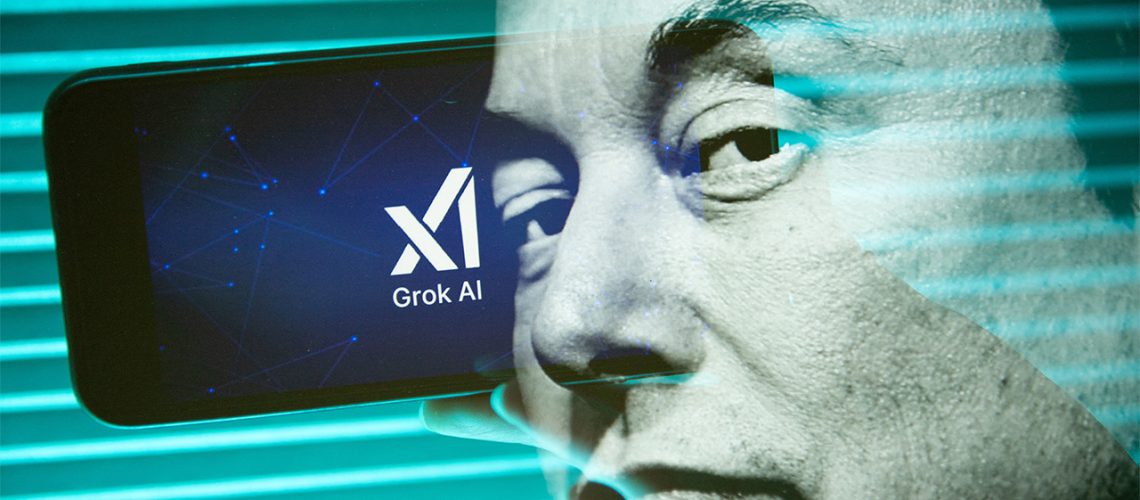 Elon Musk's face over Grok AI logo