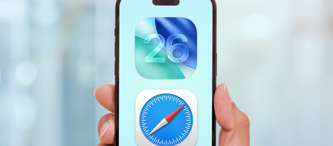 safari and iOS 26 logos on a phone