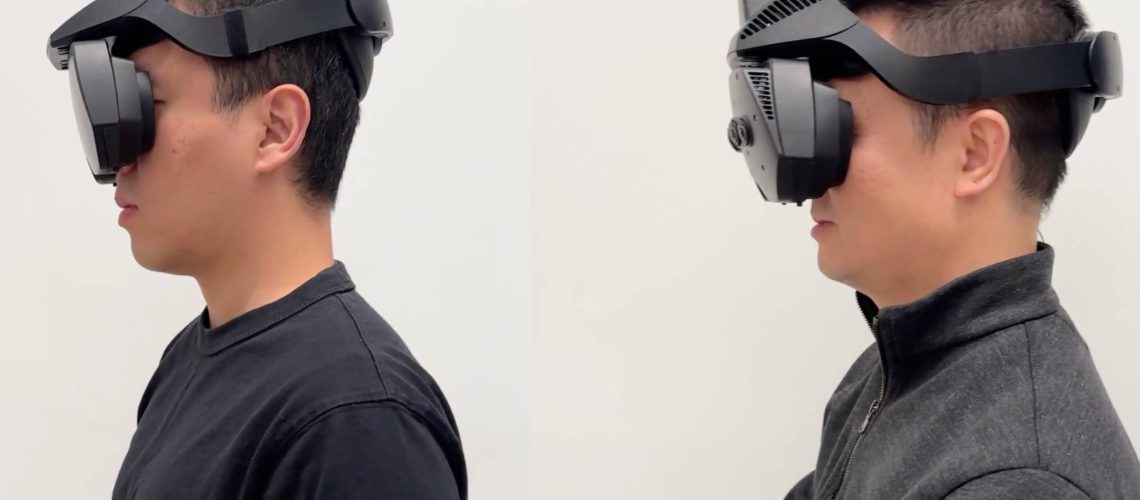 Researchers wearing protorype VR and MR headsets