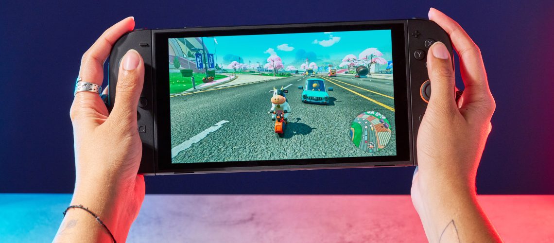 A Nintendo Switch 2 photographed under RGB lighting