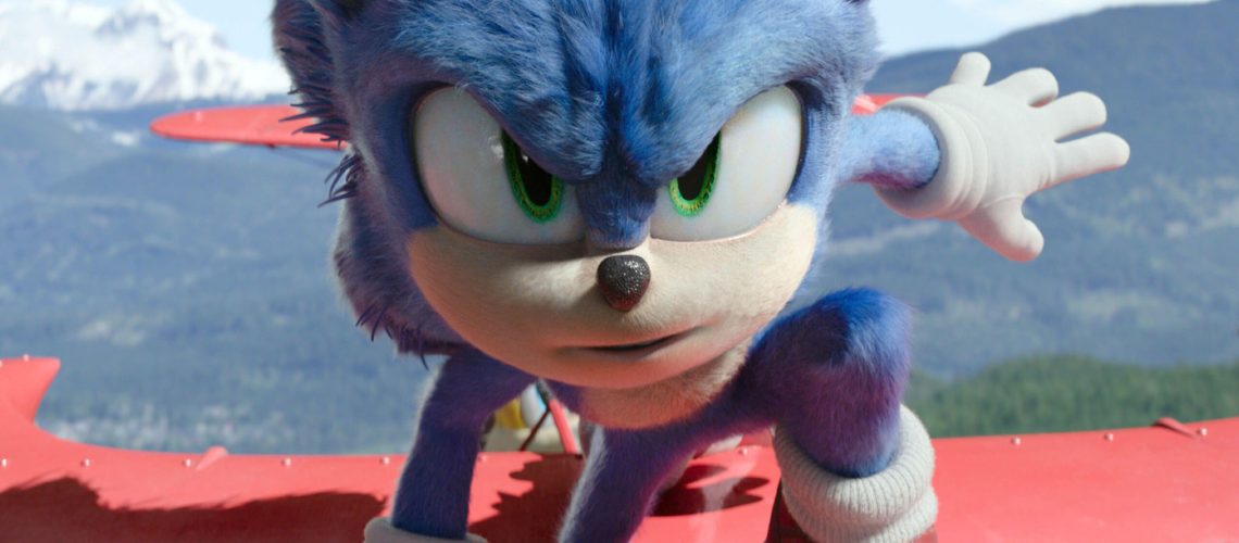 Sonic the Hedgehog stands on a biplane wing in a scene from "Sonic 2"
