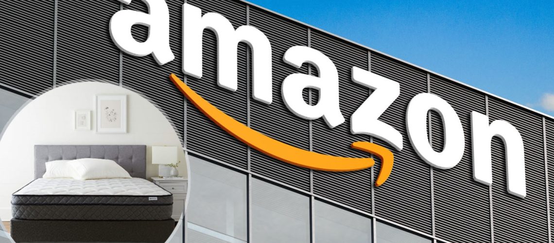The Amazon logo on the side of an Amazon warehouse, in the bottom left corner, an imposed image of the Amazon Basics Premium Foam Eurotop Mattress included in the recall