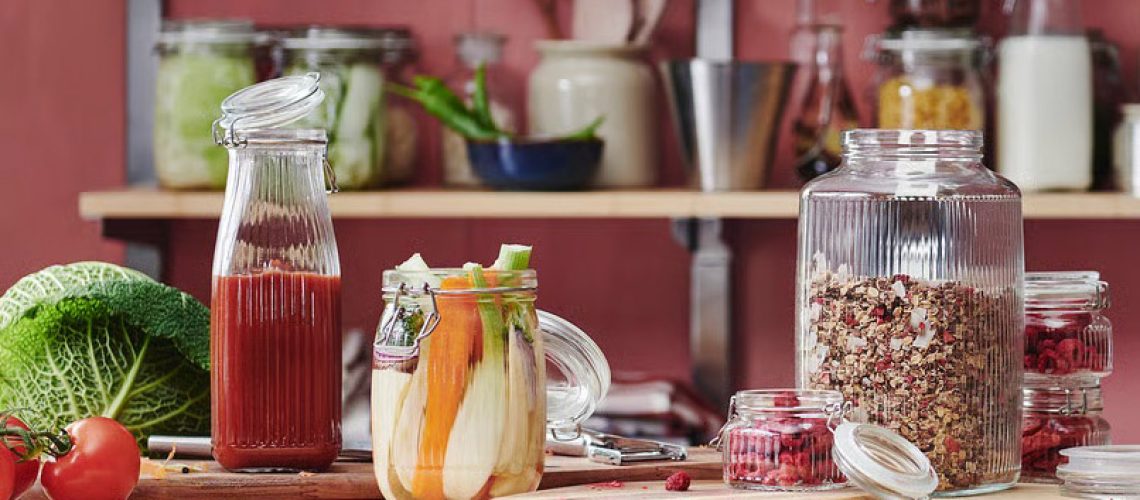 IKEA koessebaer jar collection on wooden countertop
