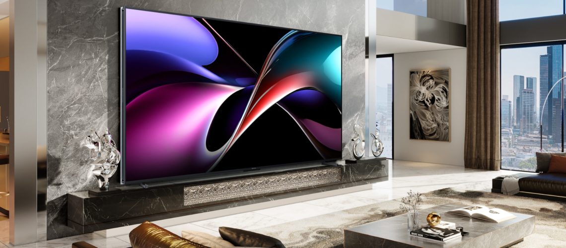 A 116-inch TV displaying a colorful, abstract pattern in front of a marble wall in a large, upscale living space overlooking a cityscape