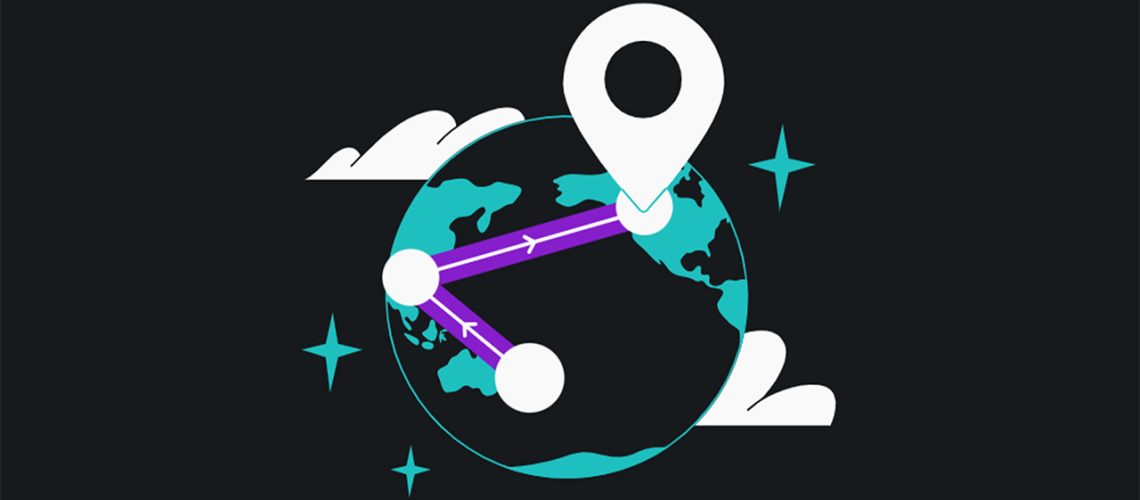 Surfshark FastTrack graphic. There are large connection points and a dropped pin on a blue and black graphic of the Earth.