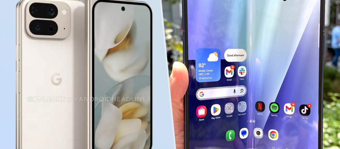 A split image of an alleged render of the Google Pixel 10 Pro Fold and a photo of the Samsung Galaxy Z Fold 7