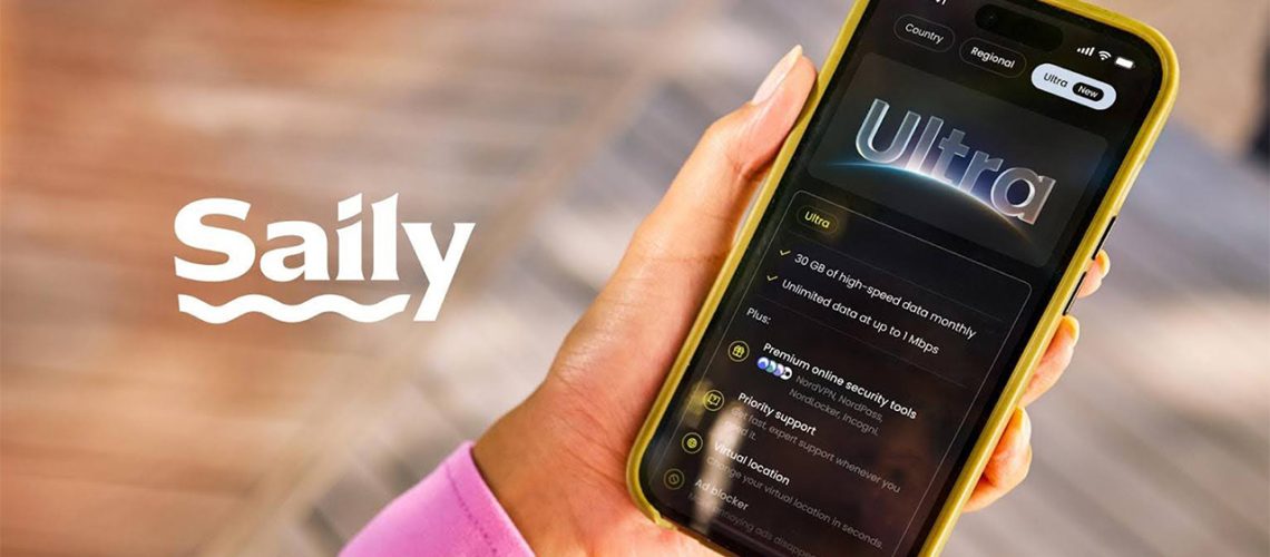 Person holding a smartphone displaying Saily Ultra eSIM plan