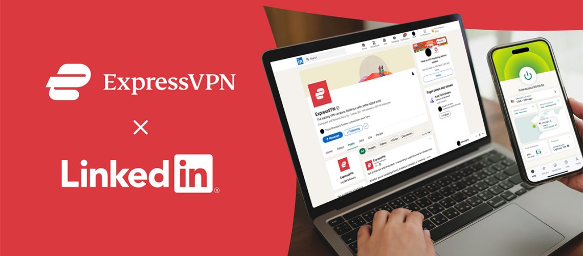 White ExpressVPN and LinkedIn logos on a red background. There is a smartphone with ExpressVPN's app open and a laptop displaying ExpressVPN's LinkedIn page