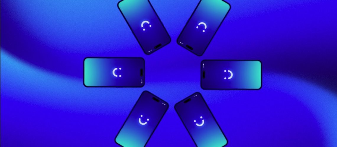 six phones with visible wireless logo appearing on the screen arranged in a circle