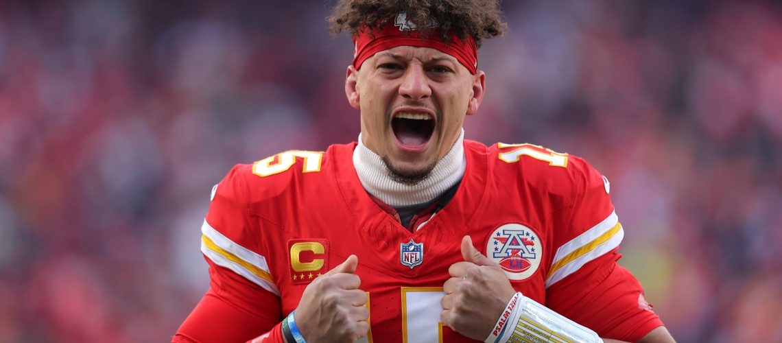 Patrick Mahomes #15 of the Kansas City Chiefs reacts prior to the AFC Divisional Playoff against the Houston Texans at GEHA Field at Arrowhead Stadium on January 18, 2025 in Kansas City, Missouri.