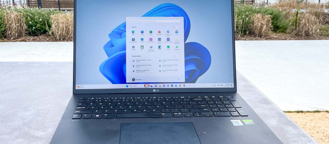 LG Gram 17 Pro (2023) review unit on a table outdoors