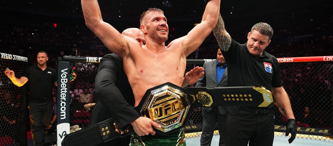 Dricus Du Plessis of South Africa reacts after a unanimous-decision victory against Sean Strickland in the UFC middleweight championship fight during the UFC 312 event at Qudos Bank Arena on February 09, 2025 in Sydney, Australia.