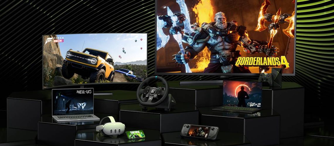 Nvidia GeForce Now concept image with TVs, laptops, Meta Quest and Steam Deck showing games