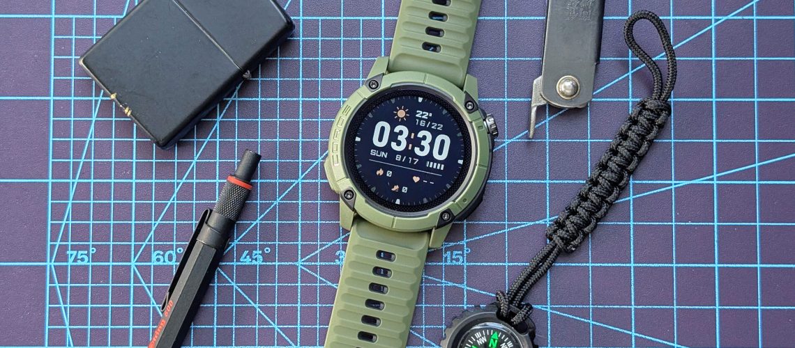 Close-up of the Coros Nomad rugged smartwatch in dark green