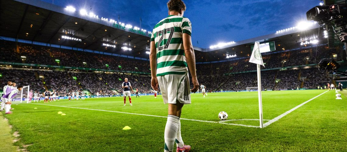 Celtic's Arne Engels takes a corner kick during a Premier Sports Cup Second Round match between Celtic and Falkirk at Celtic Park, on August 15, 2025, in Glasgow, Scotland.