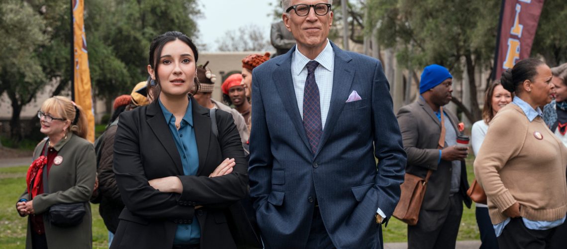 L-R: Julie (Lilah Richcreek Estrada) and Charles (Ted Danson) on campus in "A Man on the Inside" season 2