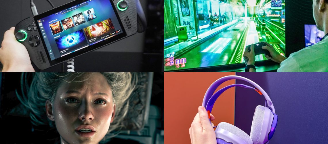 ROG Xbox Ally X, Person playing game on display, Resident Evil Requiem, and person holding JBL Quantum headset in compilation image