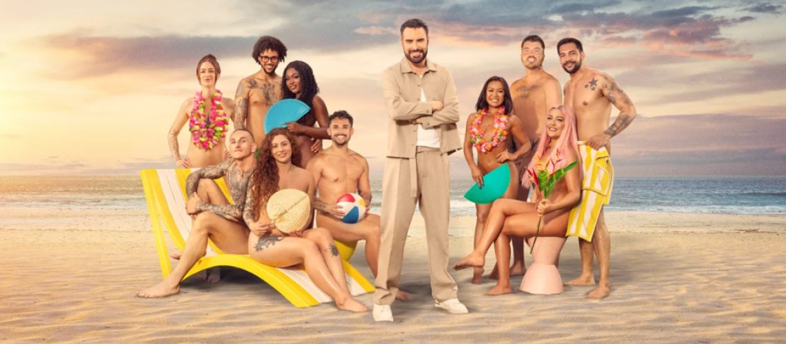 Promotional image for 'Dating Naked UK' season 2 showing Rylan Clark and the 10 contestants on a beach.