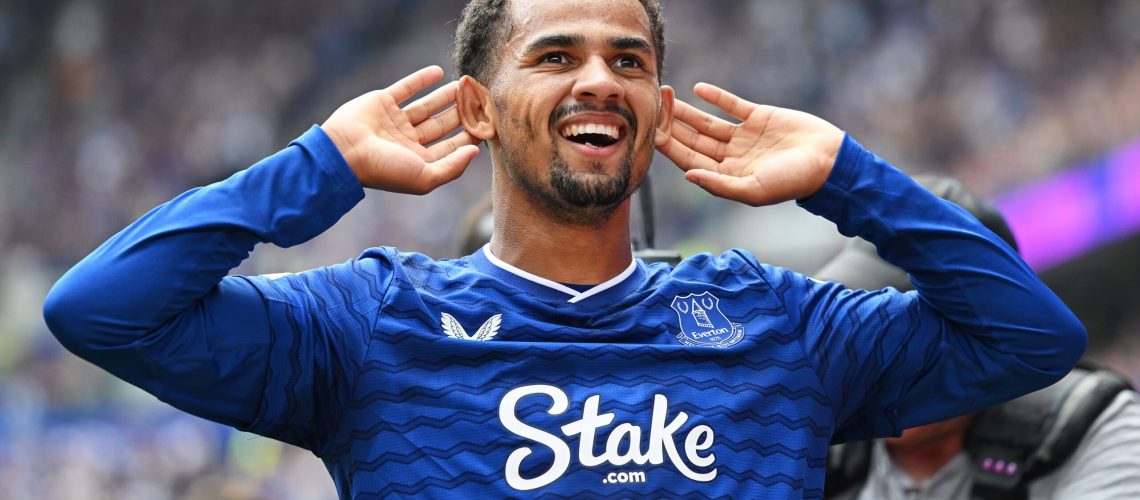Iliman Ndiaye of Everton celebrates scoring his team's first goal during the Premier League match between Everton and Brighton &amp; Hove Albion at Hill Dickinson Stadium on August 24, 2025 in Liverpool, England.