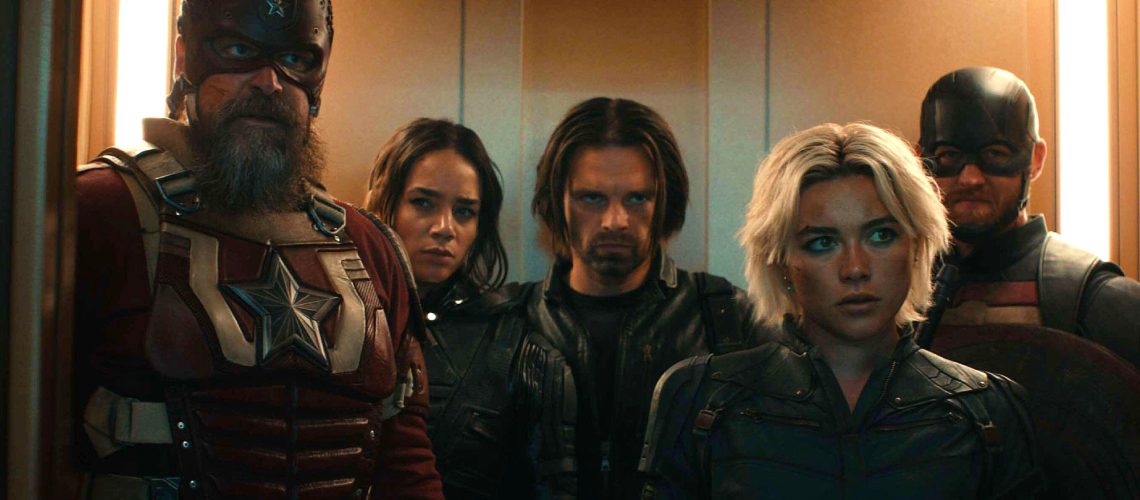 (From L to R) David Harbour as Alexei Shostakov, Hannah John-Kamen as Ava Starr, Sebastian Stan as Bucky Barnes, Florence Pugh as Yelena Belova, and Wyatt Russell as John Walker in Thunderbolts.