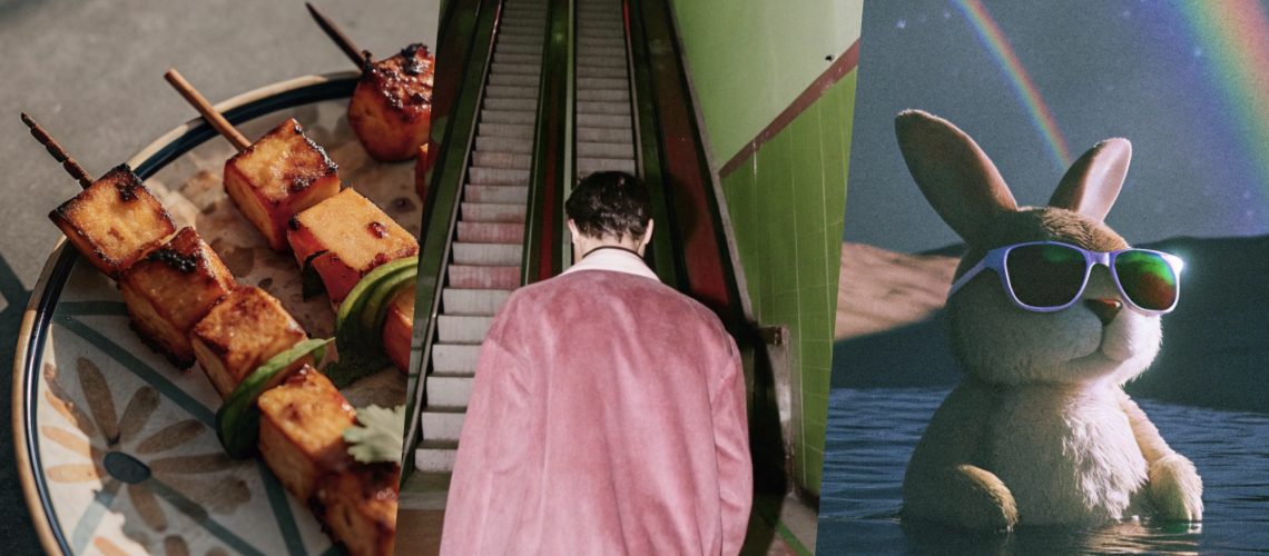 AI generated images of skewers, man in subway and bunny with sunglasses