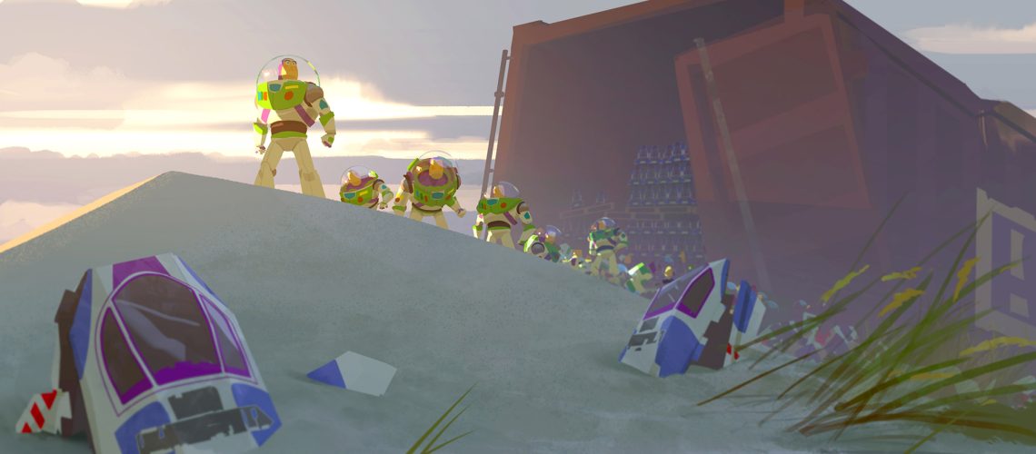 "Toy Story 5" concept art featuring a collection of Buzz Lightyear toys emerging from a shipping container on an island