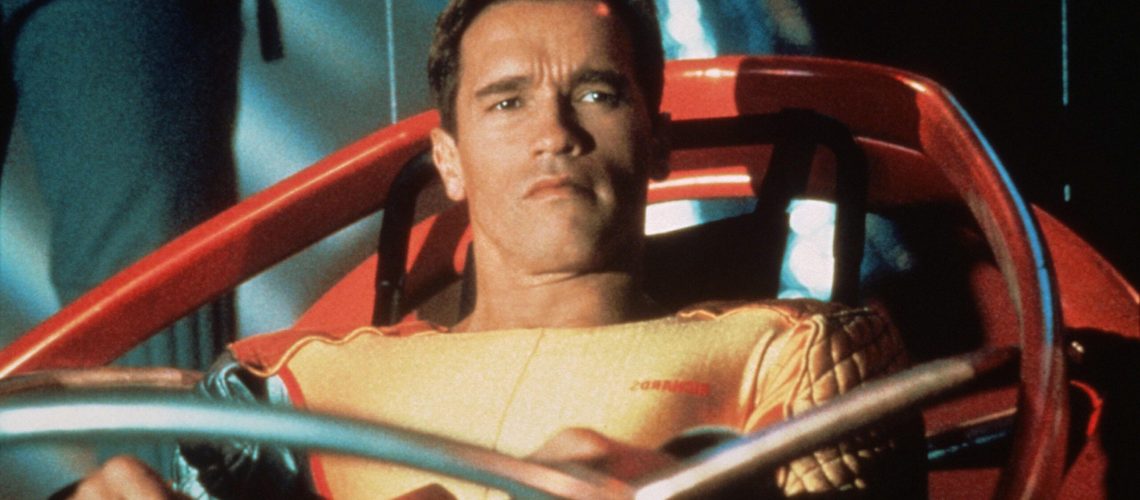 Ben Richards (Arnold Schwarzenegger) restrained in a rocket sled in a scene from "The Running Man"