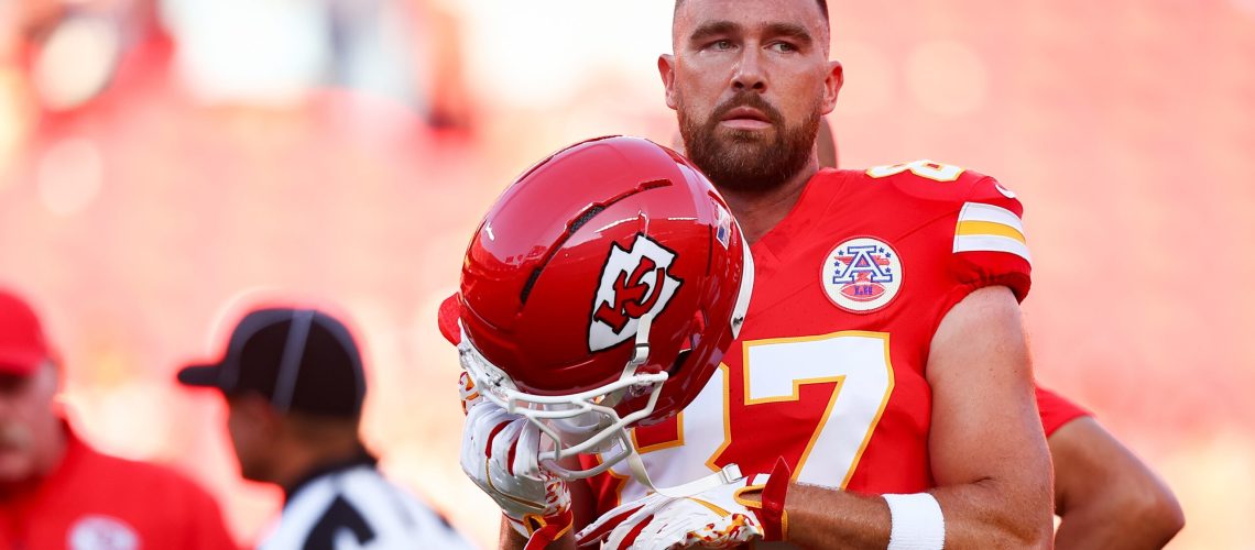 Travis Kelce #87 of the Kansas City Chiefs takes part in pregame warmups prior to the NFL Preseason 2025 game between Chicago Bears and Kansas City Chiefs at Arrowhead Stadium on August 22, 2025 in Kansas City, Missouri.