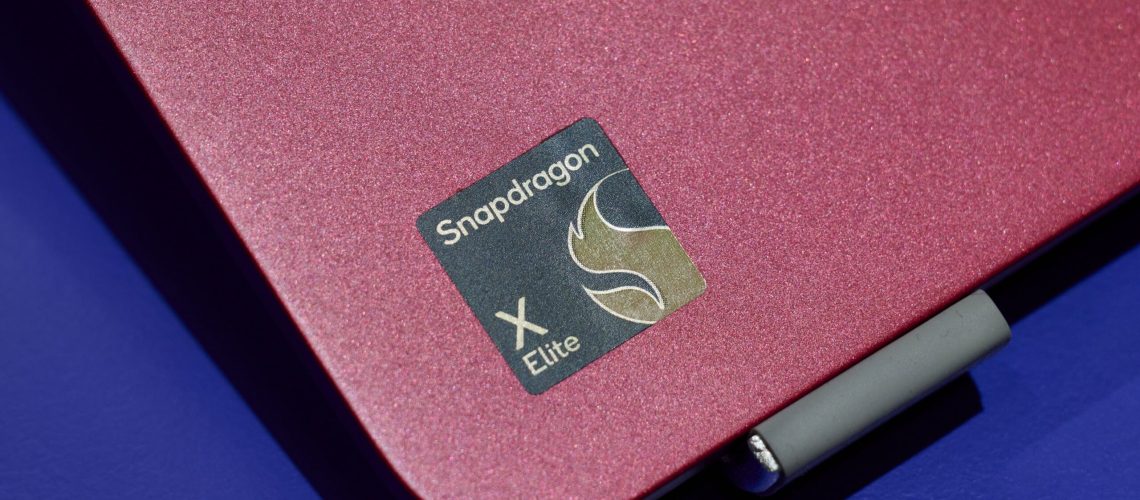 Qualcomm Snapdragon X Elite chip logo on a laptop