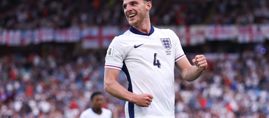 Declan Rice celebrating after scoring England's second goal against Andorra