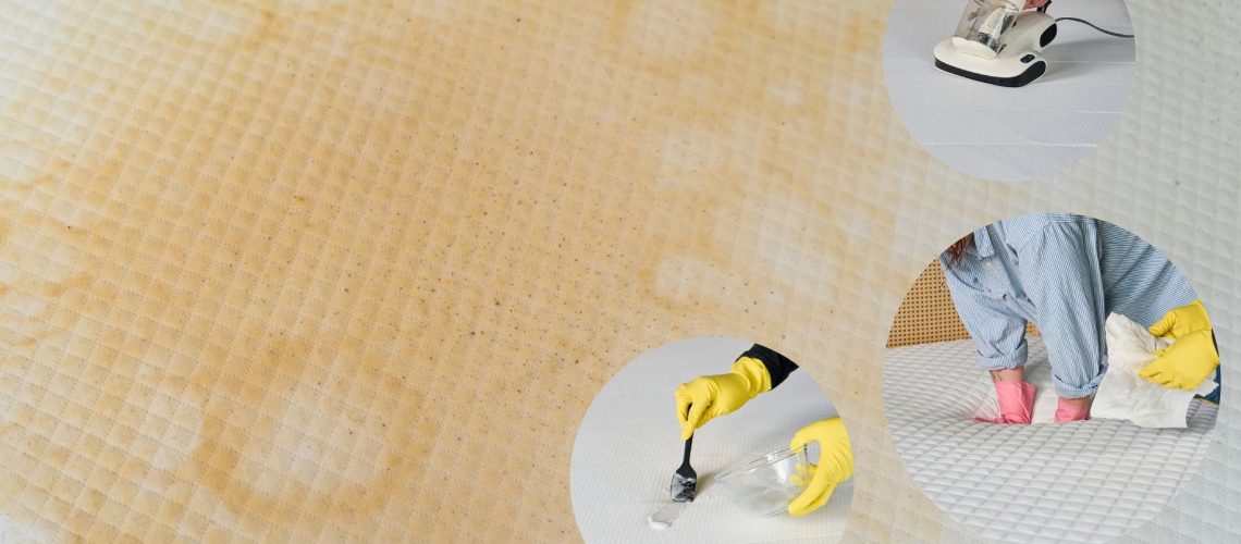 A mattress with yellow sweat stains on alongside photos of the Tom's Guide Sleep Team cleaning mattresses