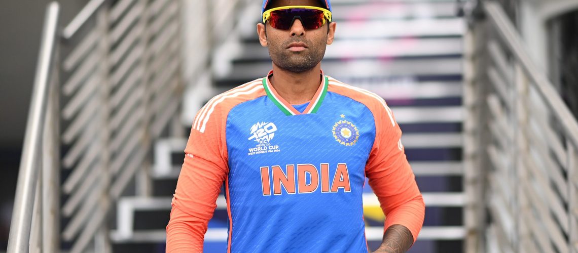 Suryakumar Yadav of India looks on during the ICC Men's T20 Cricket World Cup West Indies &amp; USA 2024 Final match between South Africa and India at Kensington Oval on June 29, 2024 in Bridgetown, Barbados.