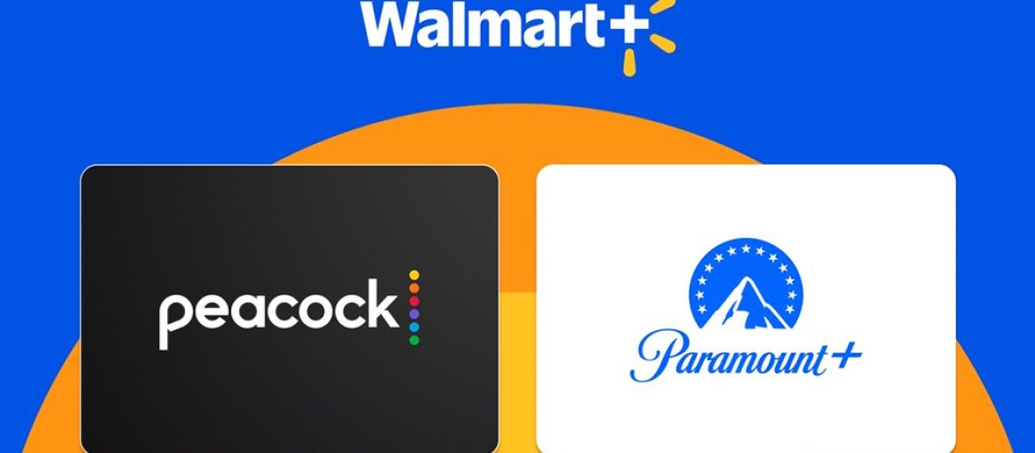 Key art for Walmart Plus's new streaming deal, showing the logos for Walmart Plus, Peacock and Paramount Plus