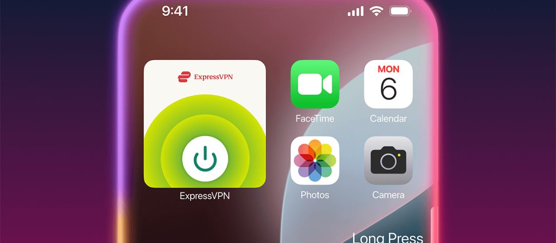 ExpressVPN graphic showing ExpressVPN widget displayed on the top left of an iPhone screen. There is a prompt on the right which reads "long press to speak to Siri" and four other iPhone apps