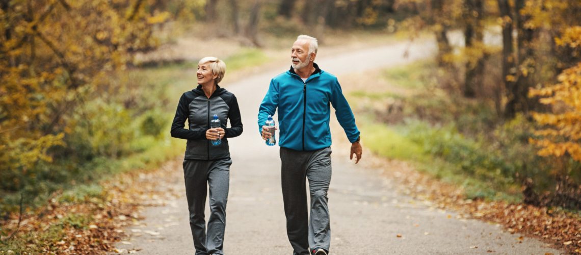 man and woman walking side by side on a woodland path