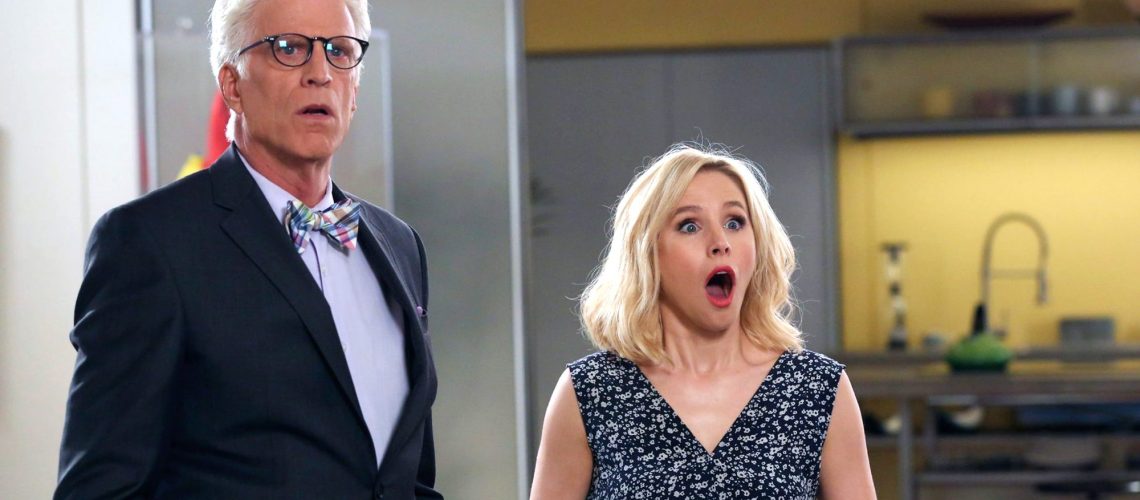 Ted Danson as Michael and Kristen Bell as Eleanor are surprised in The Good Place