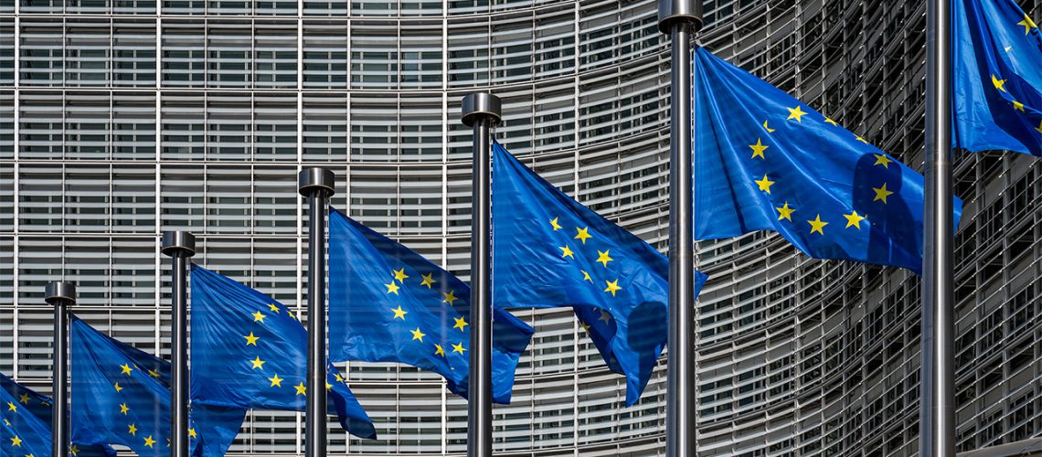 Row of European Union flags flying in front of a modern building. The flags are dark blue with a circle of yellow stars