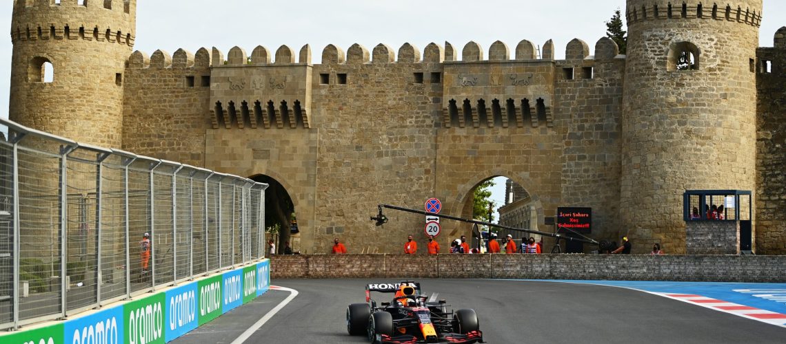 Max Verstappen of the Netherlands driving the (33) Red Bull Racing RB16B Honda on track during the F1 Grand Prix of Azerbaijan at Baku City Circuit