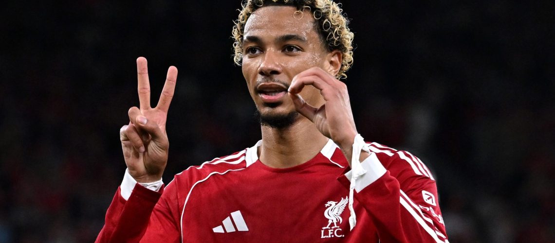 Hugo Ekitike of Liverpool celebrates scoring his team's first goal during the Premier League match between Liverpool and Bournemouth at Anfield on August 15, 2025 in Liverpool, England.