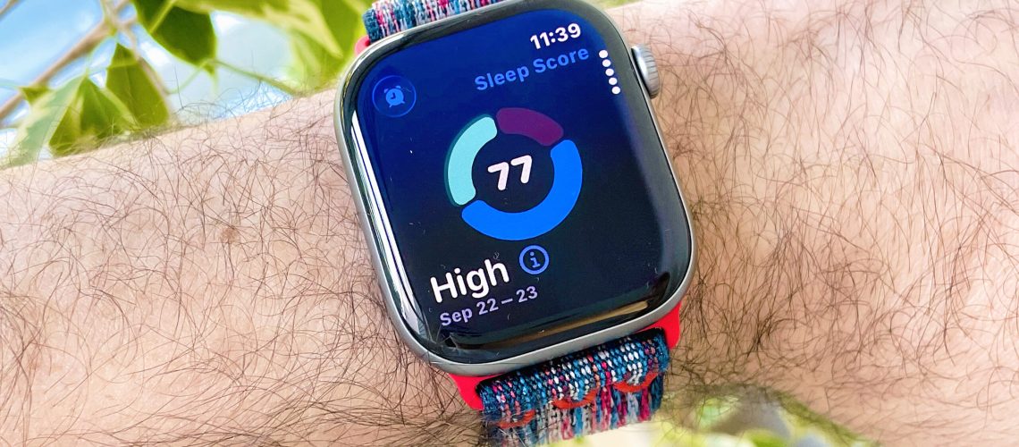 Close-up of the Apple Watch Series 11 showing a user's sleep score