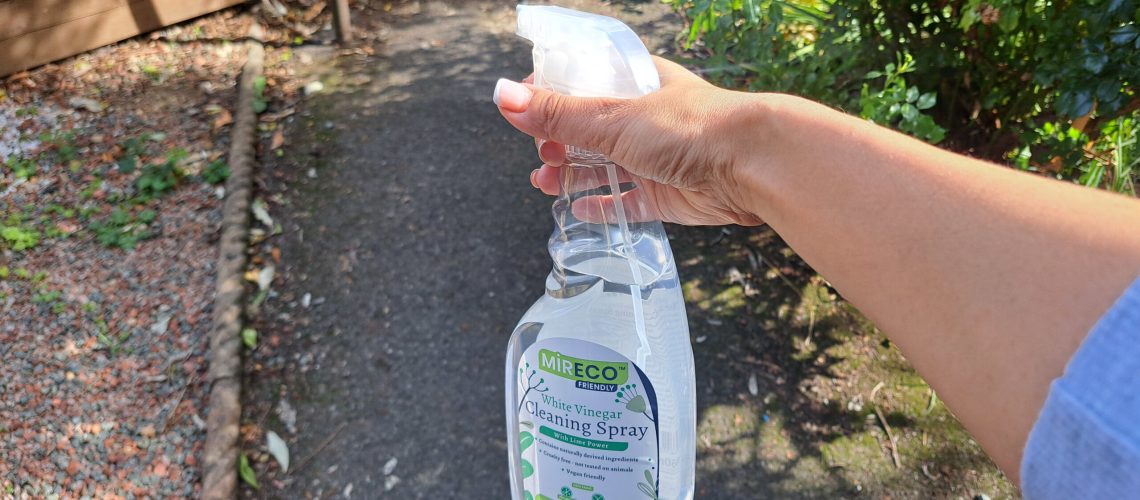 Spraying white vinegar on path