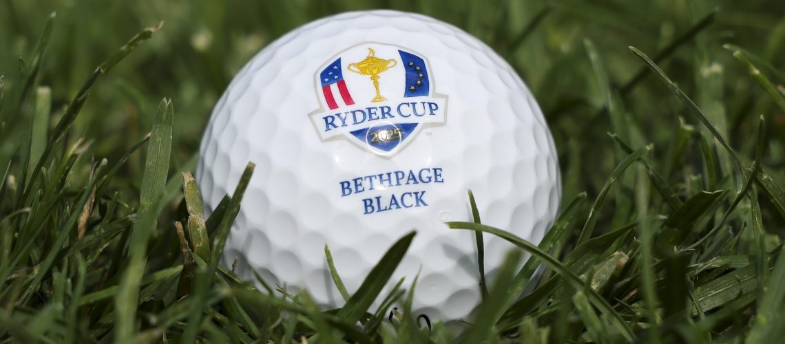 A detailed view of a Ryder Cup golf ball prior to the Ryder Cup 2025 at Black Course at Bethpage State Park Golf Course on September 22, 2025 in Farmingdale, New York.