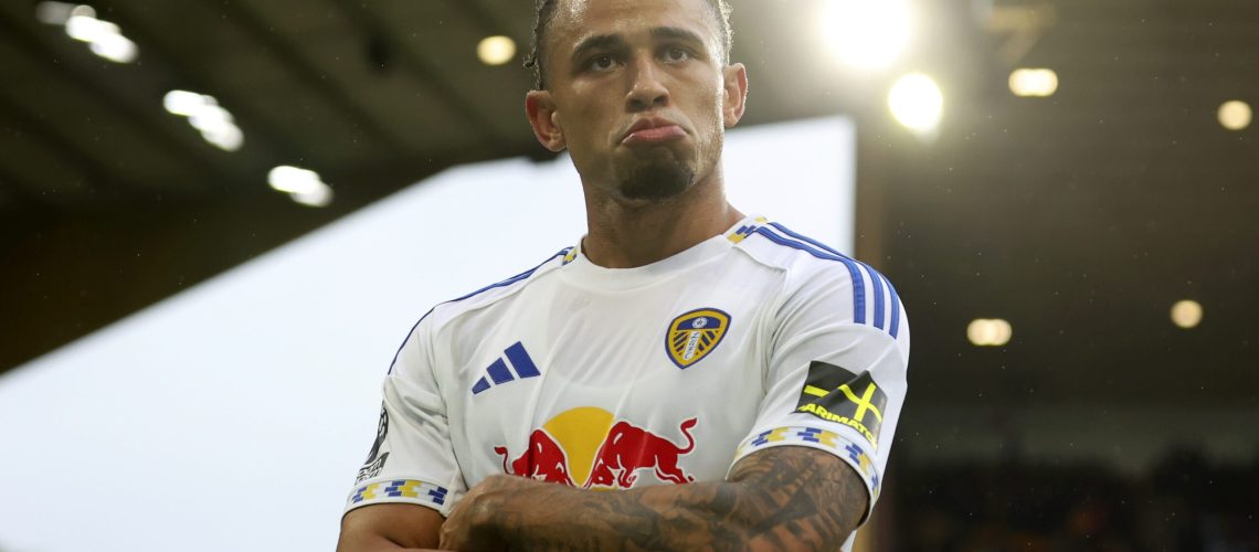 Noah Okafor of Leeds United celebrates 3rd goal during the Premier League match between Wolverhampton Wanderers and Leeds United at Molineux on September 20, 2025 in Wolverhampton, England.