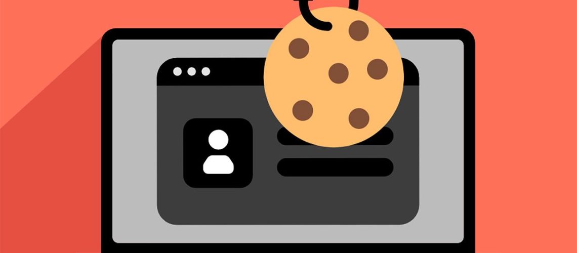 Cartoon image of a laptop displaying user login information on a red background. A fishing hook with a cookie is seen in front of the laptop