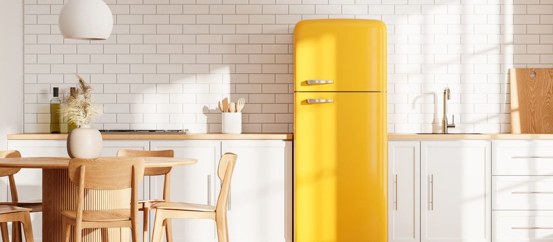 Refrigerator in a brightly lit kitchen