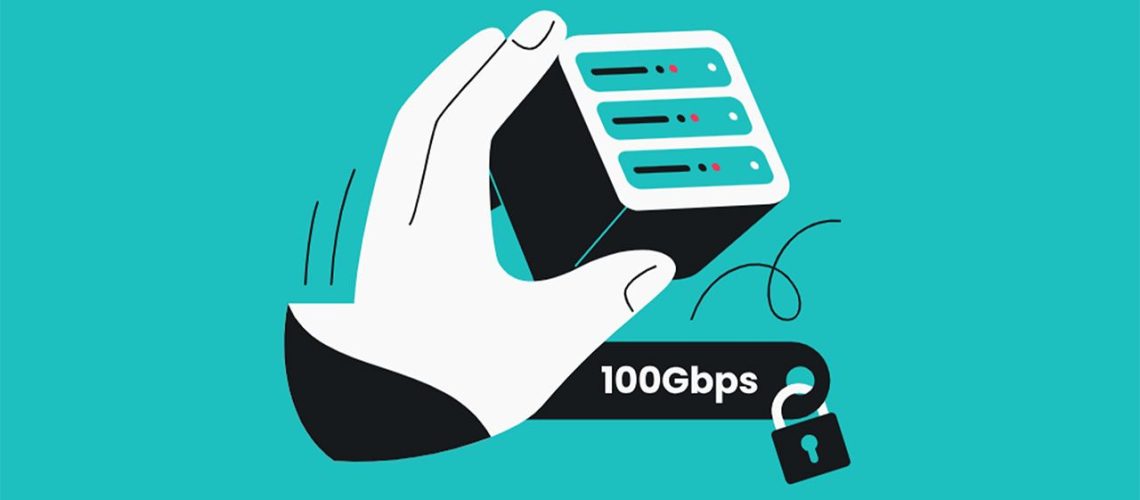 Blue Surfshark graphic showing a hand holding servers with a 100Gbps label and padlock